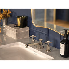 Bathroom Faucet, Edwardian, Widespread, Low Arc, Solid Brass, Polished Nickel