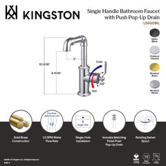 Bathroom Faucet, Whitaker, 1-Hole with Push Pop-Up Drain in Brushed Nickel