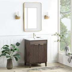 Bathroom Vanity, 24 in Solid Wood Base in Antique Brown with White Ceramic Top