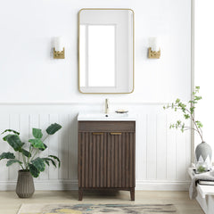 Bathroom Vanity, 24 in Solid Wood Base in Antique Brown with White Ceramic Top