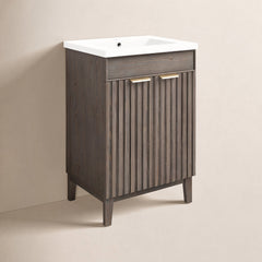 Bathroom Vanity, 24 in Solid Wood Base in Antique Brown with White Ceramic Top