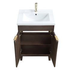 Bathroom Vanity, 24 in Solid Wood Base in Antique Brown with White Ceramic Top