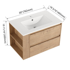 Bathroom Vanity, 30 in Wall-Mounted Single Sink in Imitative Oak with White Resin Top