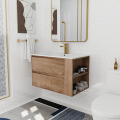 Bathroom Vanity, 30 in Wall-Mounted Single Sink in Imitative Oak with White Resin Top