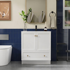 Bathroom Vanity, 30-Inch, White Wood Base with Integrated Resin Sink