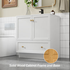 Bathroom Vanity, 30-Inch, White Wood Base with Integrated Resin Sink