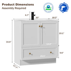 Bathroom Vanity, 30-Inch, White Wood Base with Integrated Resin Sink