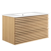 Bathroom Vanity, 36 in, Wall-Mounted with Ceramic Sink and Two Drawers