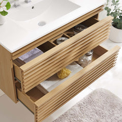 Bathroom Vanity, 36 in, Wall-Mounted with Ceramic Sink and Two Drawers