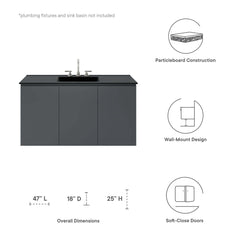 Bathroom Vanity, 48 Inch Wall-Mount in Gray with Black Top