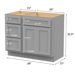 Bathroom Vanity Base, Freestanding, Single Sink, 39 In., Oak and Plywood, Gray