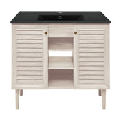 Bathroom Vanity, Bron, 36 Inch Freestanding with Black Sink Top in White Oak