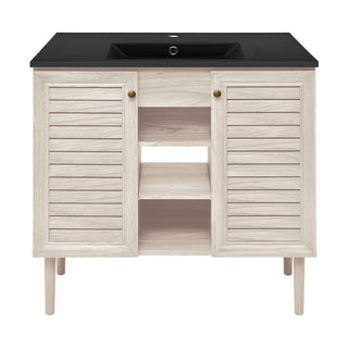 Bathroom Vanity, Bron, 36 Inch Freestanding with Black Sink Top in White Oak