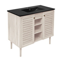 Bathroom Vanity, Bron, 36 Inch Freestanding with Black Sink Top in White Oak