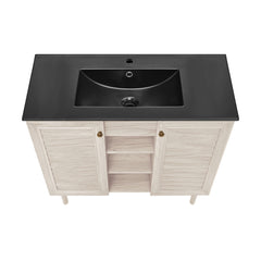 Bathroom Vanity, Bron, 36 Inch Freestanding with Black Sink Top in White Oak