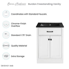 Bathroom Vanity, Burdon, 24 Inch with Black Sink Top in White