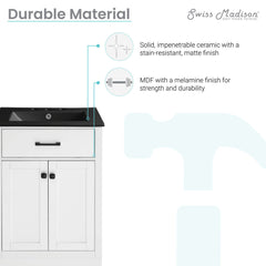 Bathroom Vanity, Burdon, 24 Inch with Black Sink Top in White