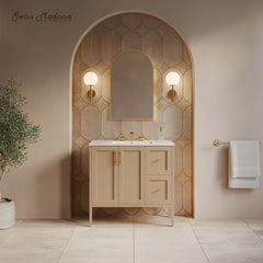 Bathroom Vanity, Forme, 36 Inch Freestanding with Ceramic Top in Natural Oak