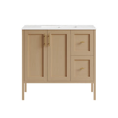 Bathroom Vanity, Forme, 36 Inch Freestanding with Ceramic Top in Natural Oak