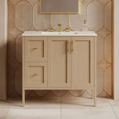Bathroom Vanity, Forme, 36 Inch Freestanding with Ceramic Top in Natural Oak