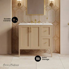 Bathroom Vanity, Forme, 36 Inch Freestanding with Ceramic Top in Natural Oak