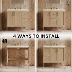 Bathroom Vanity, Forme, 36 Inch Freestanding with Ceramic Top in Natural Oak