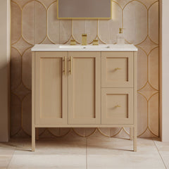 Bathroom Vanity, Forme, 36 Inch Freestanding with Ceramic Top in Natural Oak