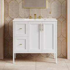 Bathroom Vanity, Forme, 36 Inch Freestanding with Ceramic Top in White