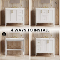 Bathroom Vanity, Forme, 36 Inch Freestanding with Ceramic Top in White
