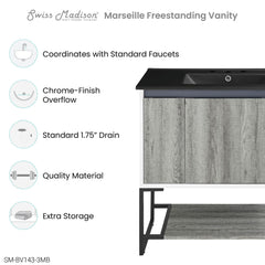 Bathroom Vanity, Marseille, 36 In with 3-Hole Ceramic Sink Top in Gray