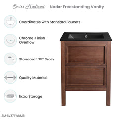 Bathroom Vanity, Nadar, 24-Inch with Black Ceramic Sink Top in Brown Walnut
