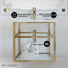 Bathroom Vanity, Pierre, 24 in Single Open Shelf in Gold Metal Frame