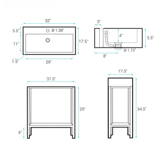 Bathroom Vanity, Pierre, 32 Inch Open Shelf with Ceramic Sink Top