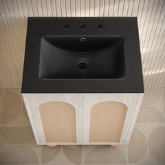 Bathroom Vanity, Plaisir II, 24 Inch Freestanding with Black Sink Top in White Oak