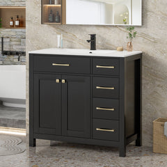 Bathroom Vanity with Integrated Sink, 36 Inch, Black Base with White Resin Top