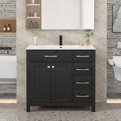 Bathroom Vanity with Integrated Sink, 36 Inch, Black Base with White Resin Top
