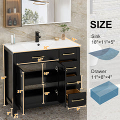 Bathroom Vanity with Integrated Sink, 36 Inch, Black Base with White Resin Top