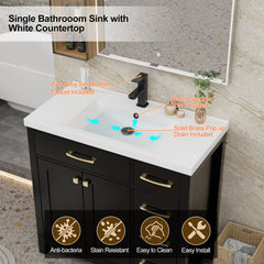 Bathroom Vanity with Integrated Sink, 36 Inch, Black Base with White Resin Top