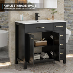 Bathroom Vanity with Integrated Sink, 36 Inch, Black Base with White Resin Top