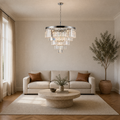 In a living room | the same chandelier hanging above a living-room coffee table
