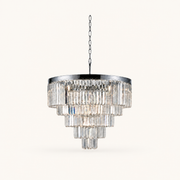 Front | studio front of the five-tier crystal chandelier on its chain