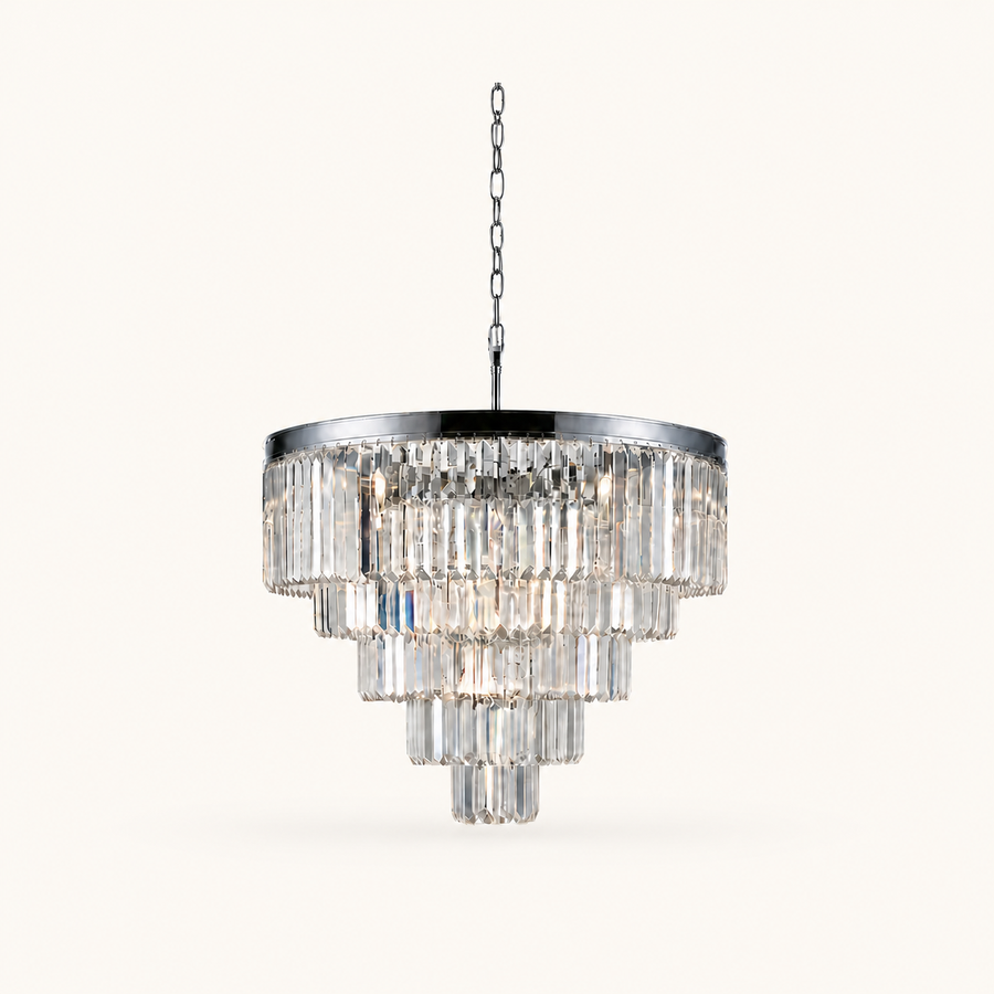 Front | studio front of the five-tier crystal chandelier on its chain
