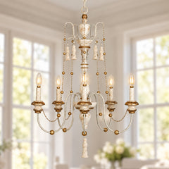 Beaded Chandelier, 5-Light Wood and Metal, White and Antique Bronze