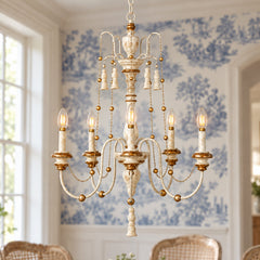 Beaded Chandelier, 5-Light Wood and Metal, White and Antique Bronze