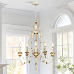 Beaded Chandelier, 5-Light Wood and Metal, White and Antique Bronze