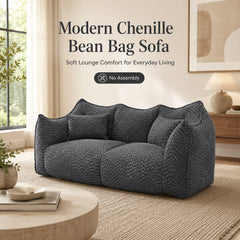 Bean Bag Sofa, 2-Seater, Black Chenille Fabric