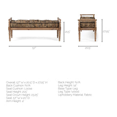 Bedroom Bench, 57 in Striped Jute Seat with Solid Wood Base