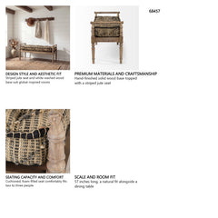 Bedroom Bench, 57 in Striped Jute Seat with Solid Wood Base