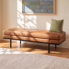 Bedroom Bench, 60 in Wide with Cognac Leather and Gunmetal Legs