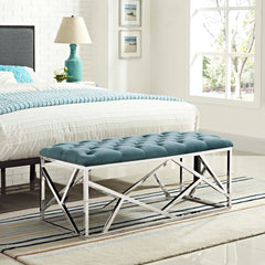 Bedroom Bench, Sea Blue Tufted Velvet, Silver Metal Legs